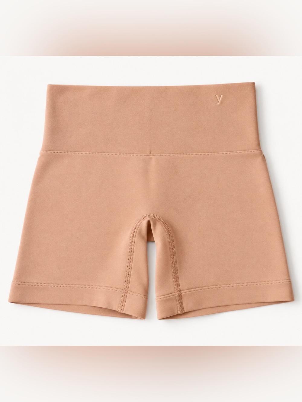 High-Waist Shaping Bike Shorts with Subtle 'y' Logo - Tan